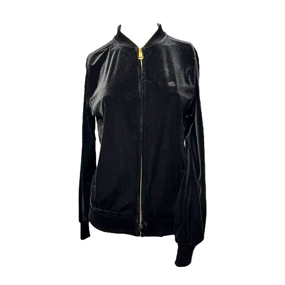 LAUREN Ralph Lauren Track Jacket Black Velour Gold Zip Pockets Womens M